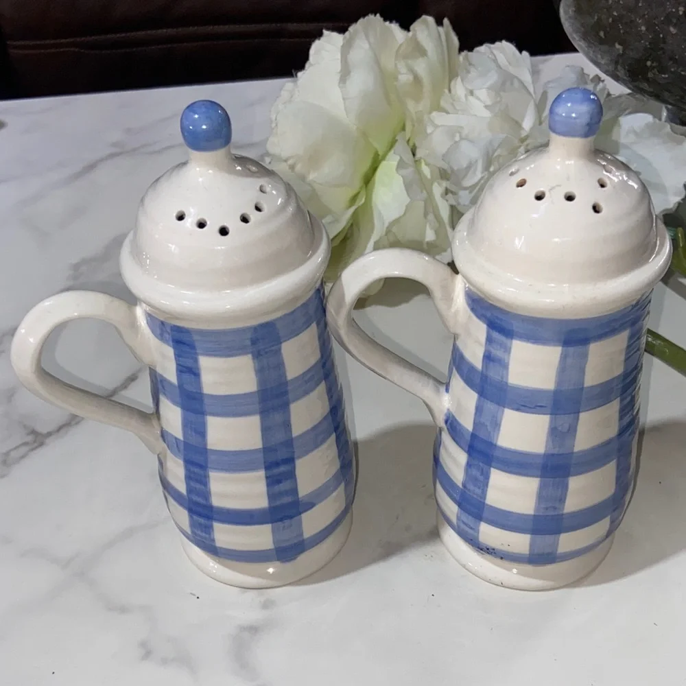 Country Living Blue and White Checkered Ceramic Salt and Pepper Shakers